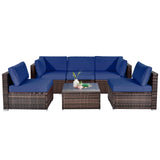 6 Pieces Patio Rattan Furniture Set with Cushions and Glass Coffee Table