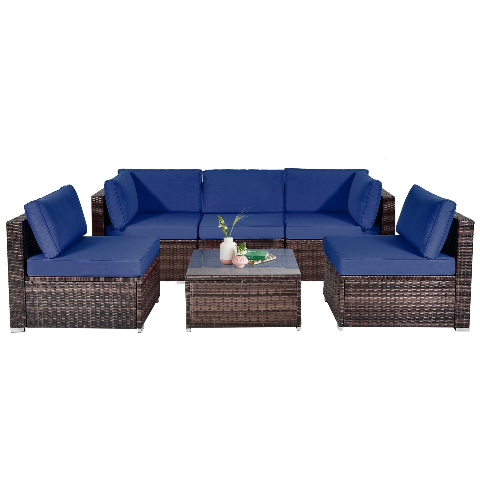 6 Pieces Patio Rattan Furniture Set with Cushions and Glass Coffee Table