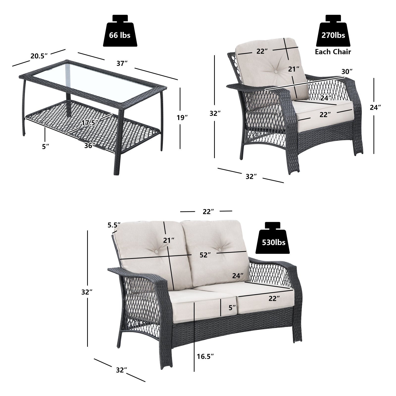 4 Pieces Patio Wicker Furniture Set Loveseat Sofa Coffee Table with Cushion