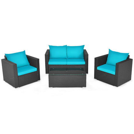 4 Pieces Patio Rattan Cushioned Furniture Set