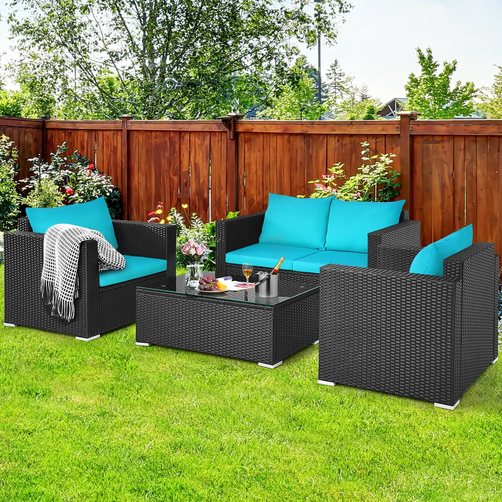 4 Pieces Patio Rattan Cushioned Furniture Set