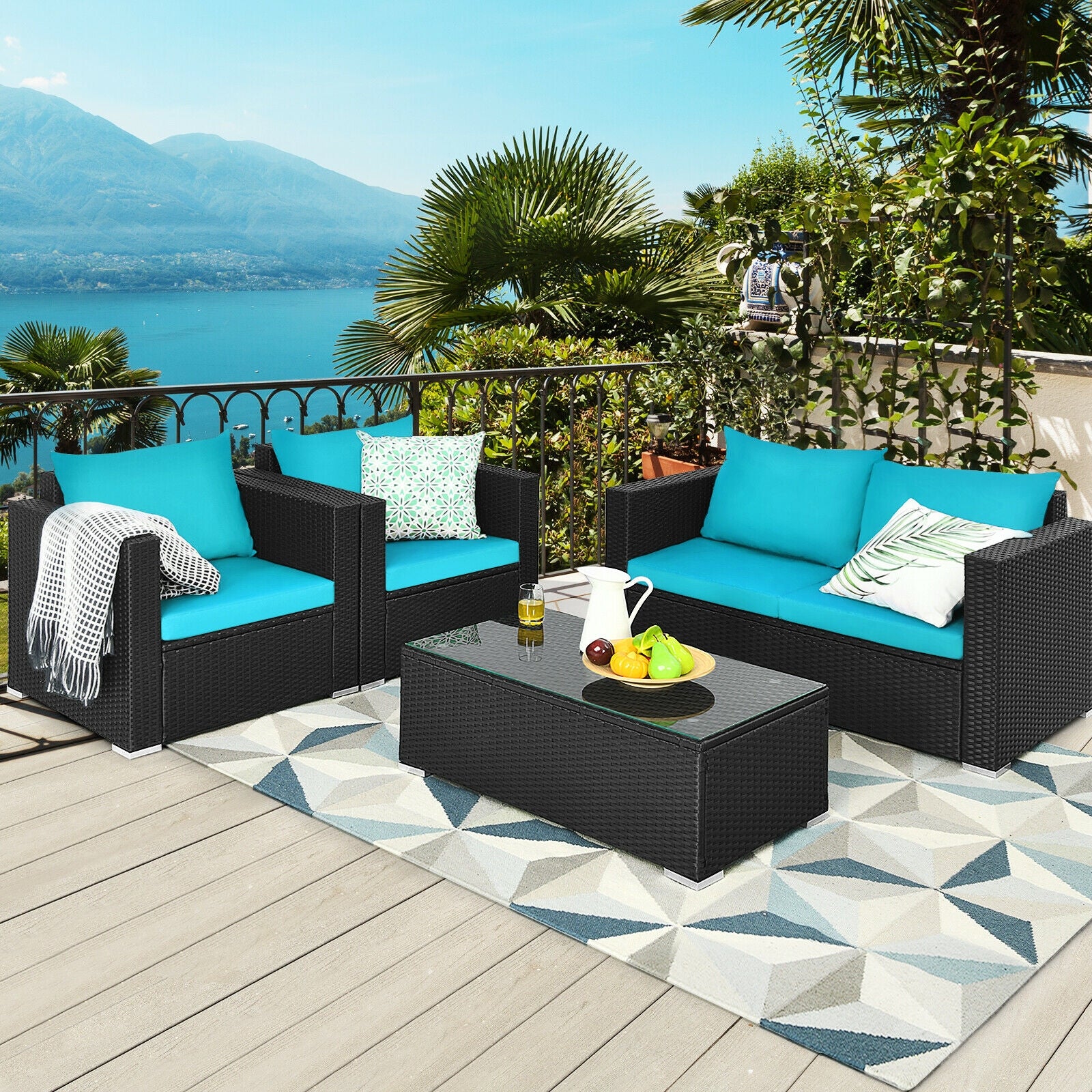 4 Pieces Patio Rattan Cushioned Furniture Set