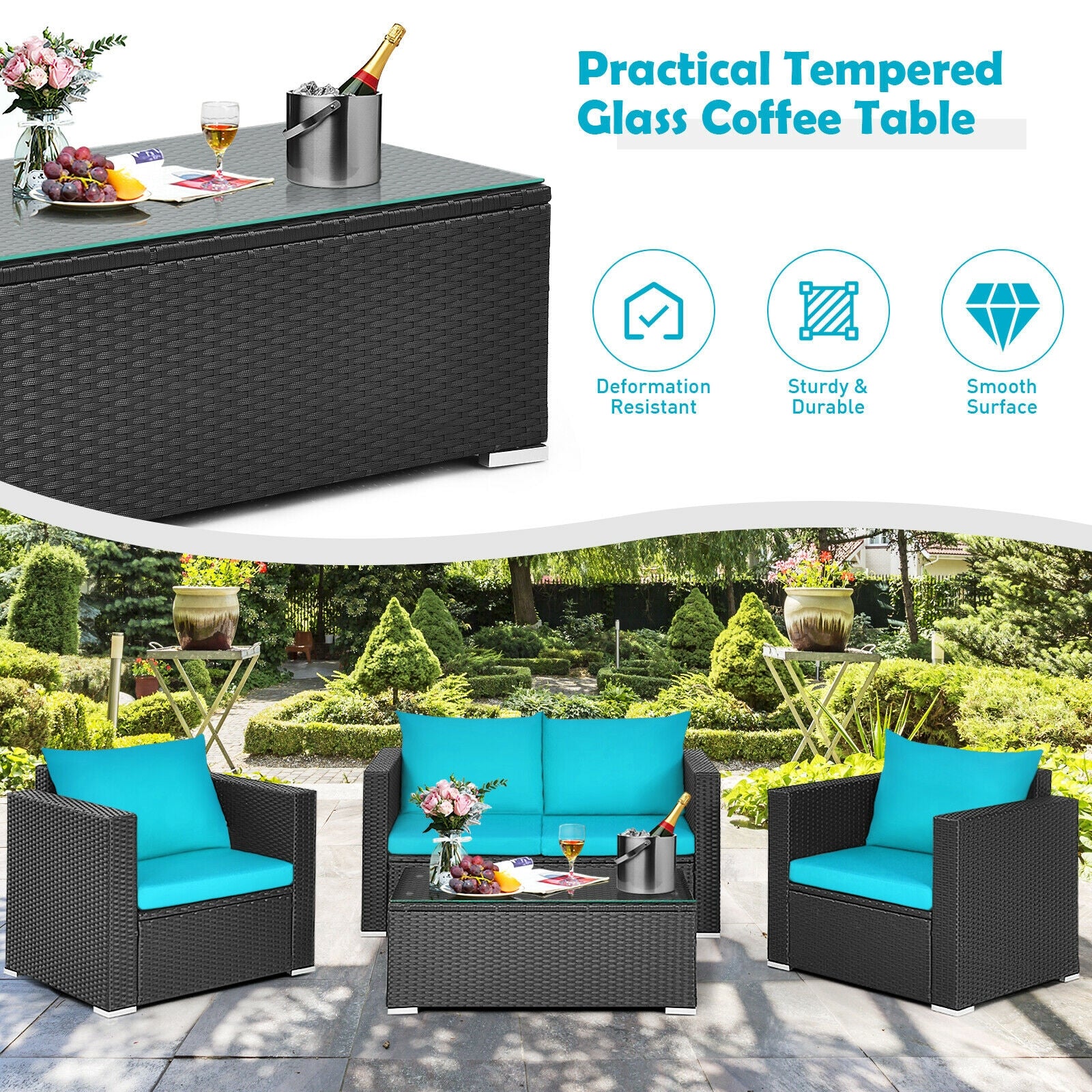 4 Pieces Patio Rattan Cushioned Furniture Set