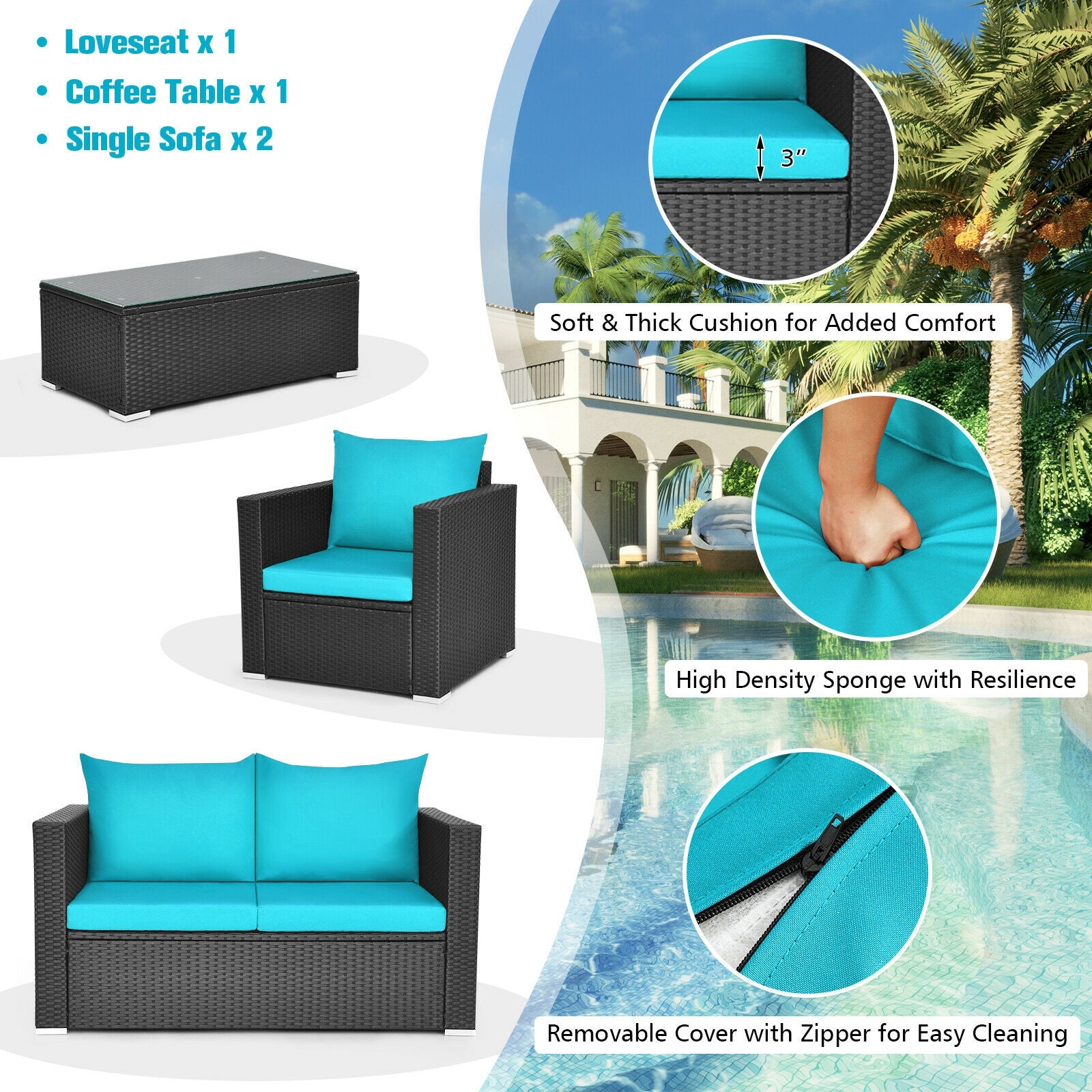 4 Pieces Patio Rattan Cushioned Furniture Set