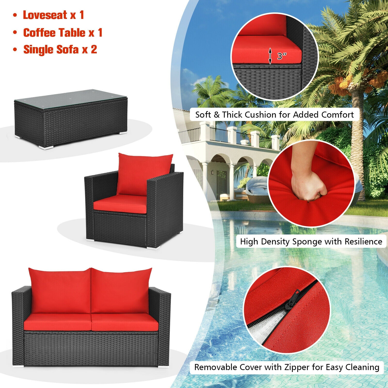 4 Pieces Patio Rattan Cushioned Furniture Set
