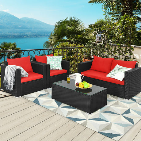 4 Pieces Patio Rattan Cushioned Furniture Set