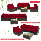 5 Pieces Cushioned Patio Rattan Furniture Set with Glass Table