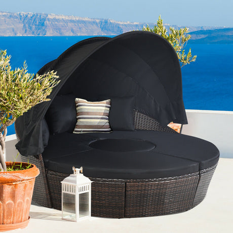 Patio Round Rattan Daybed with Retractable Coffee Table and Canopy