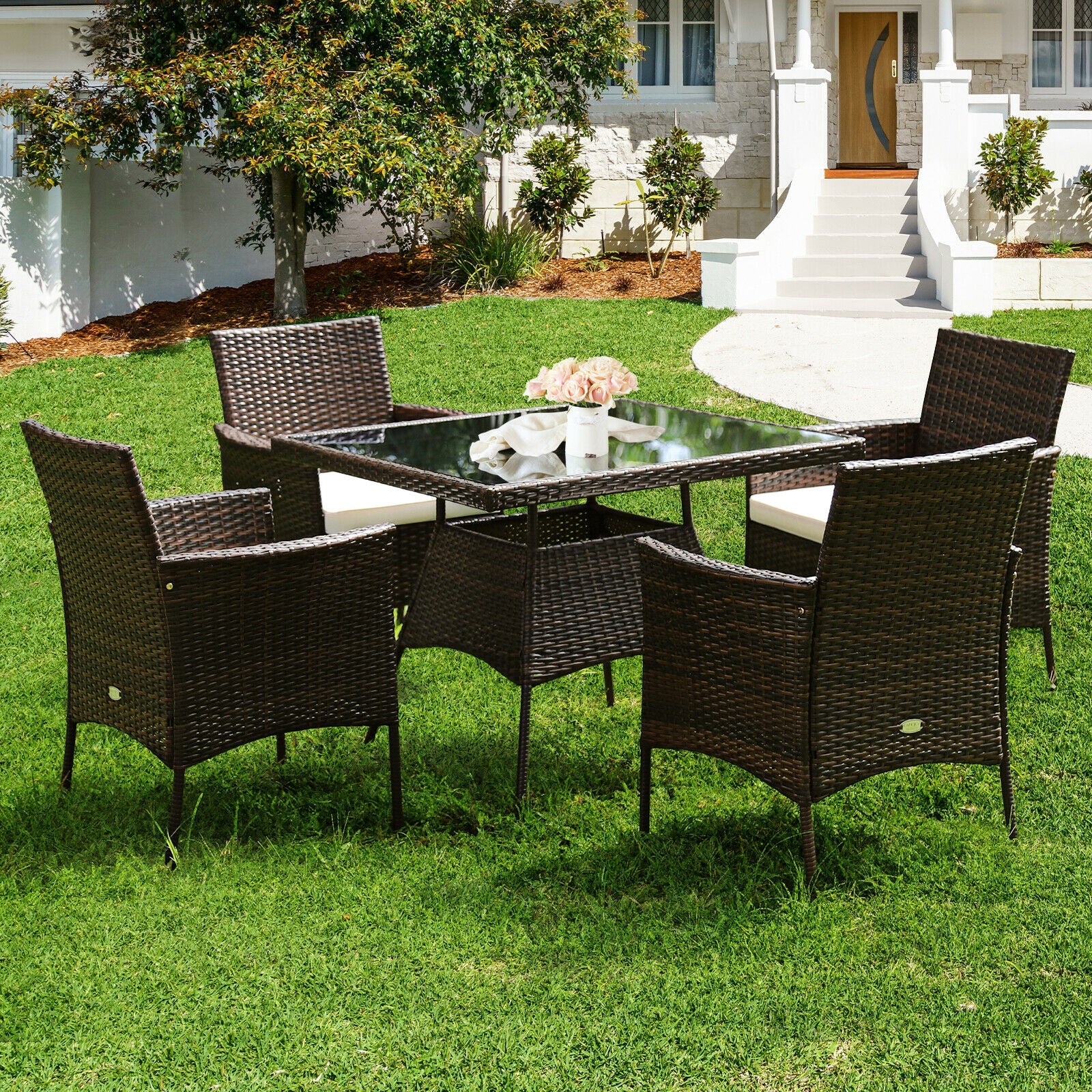 5 Pieces Wicker Patio Dining Set With 4 Armrest Chairs And Table