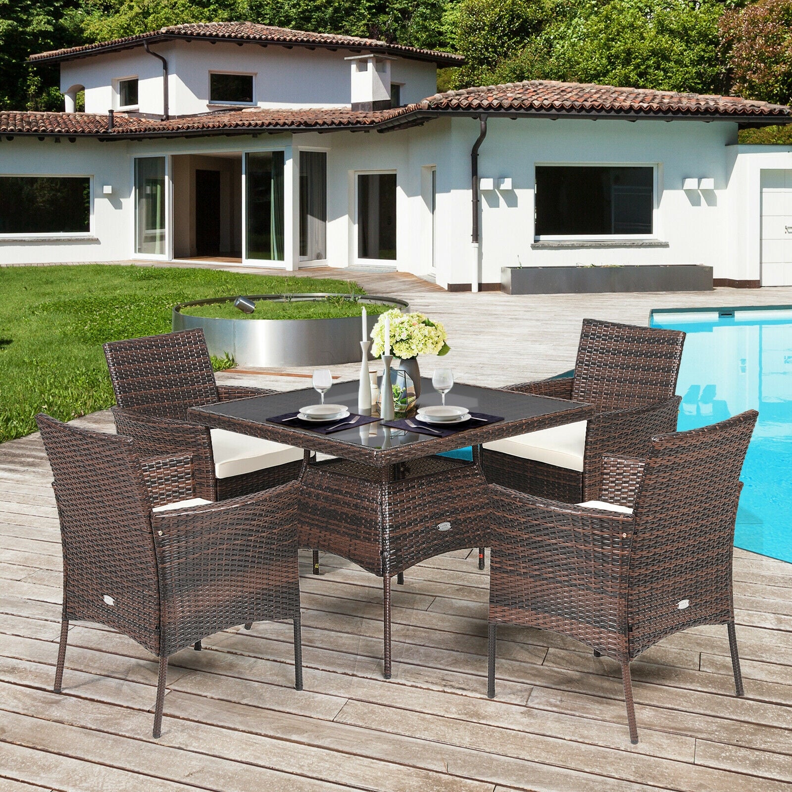 5 Pieces Wicker Patio Dining Set With 4 Armrest Chairs And Table