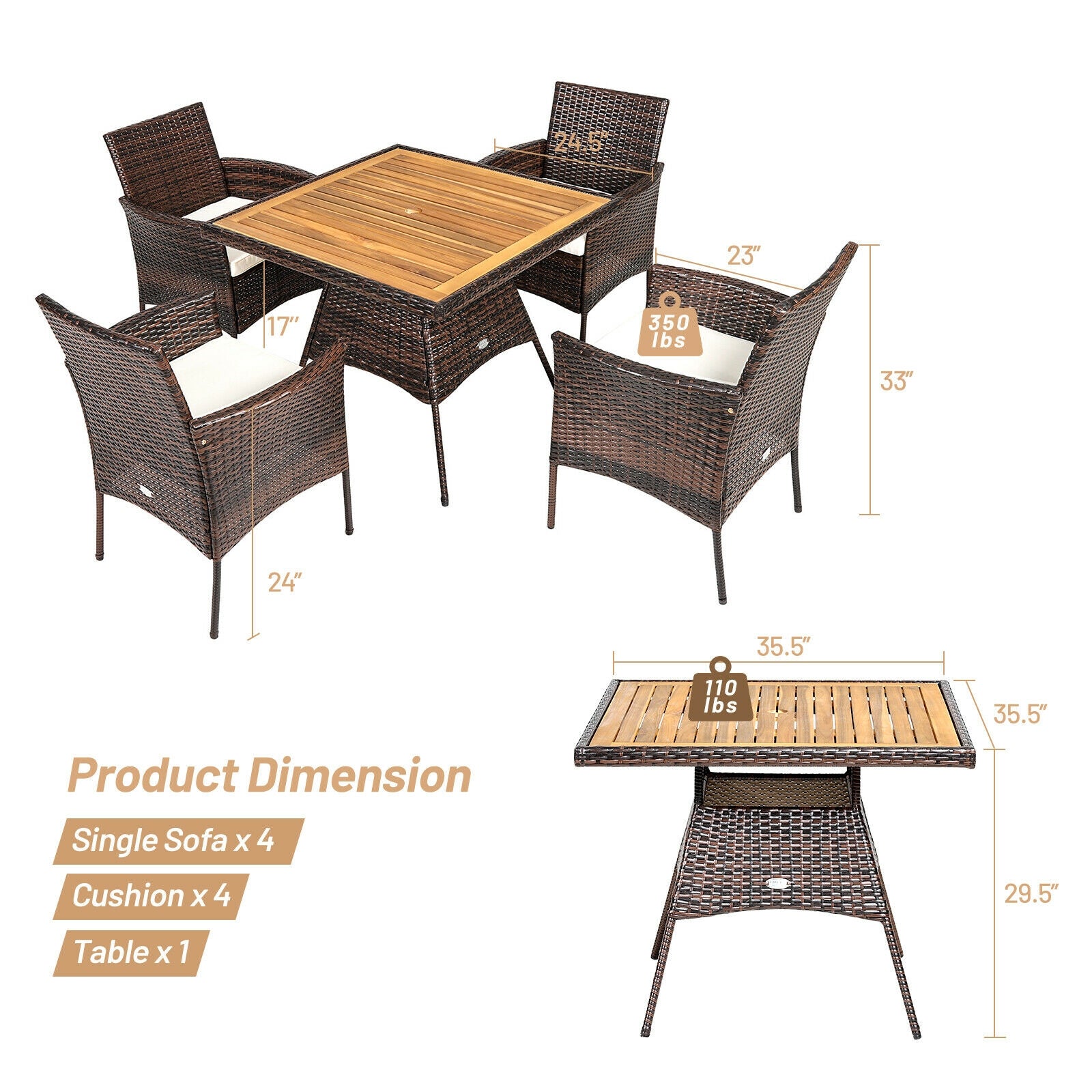 5 Pieces Wicker Patio Dining Set With 4 Armrest Chairs And Table