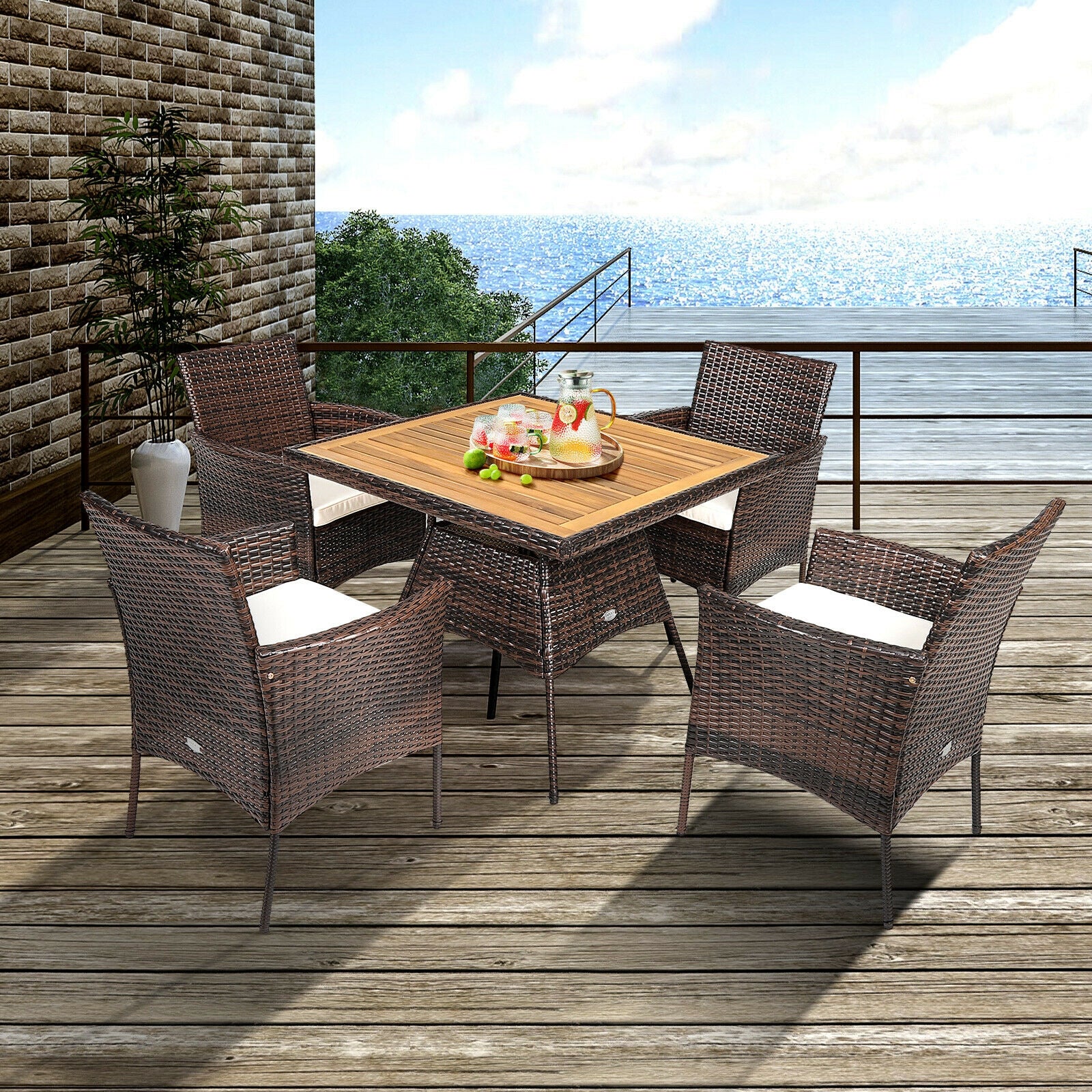 5 Pieces Wicker Patio Dining Set With 4 Armrest Chairs And Table