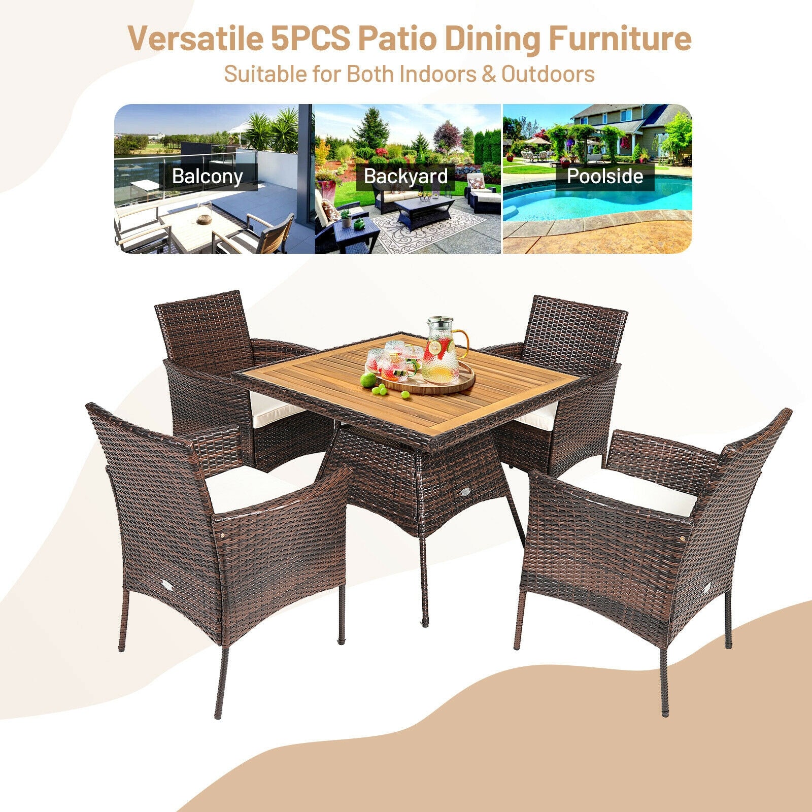 5 Pieces Wicker Patio Dining Set With 4 Armrest Chairs And Table