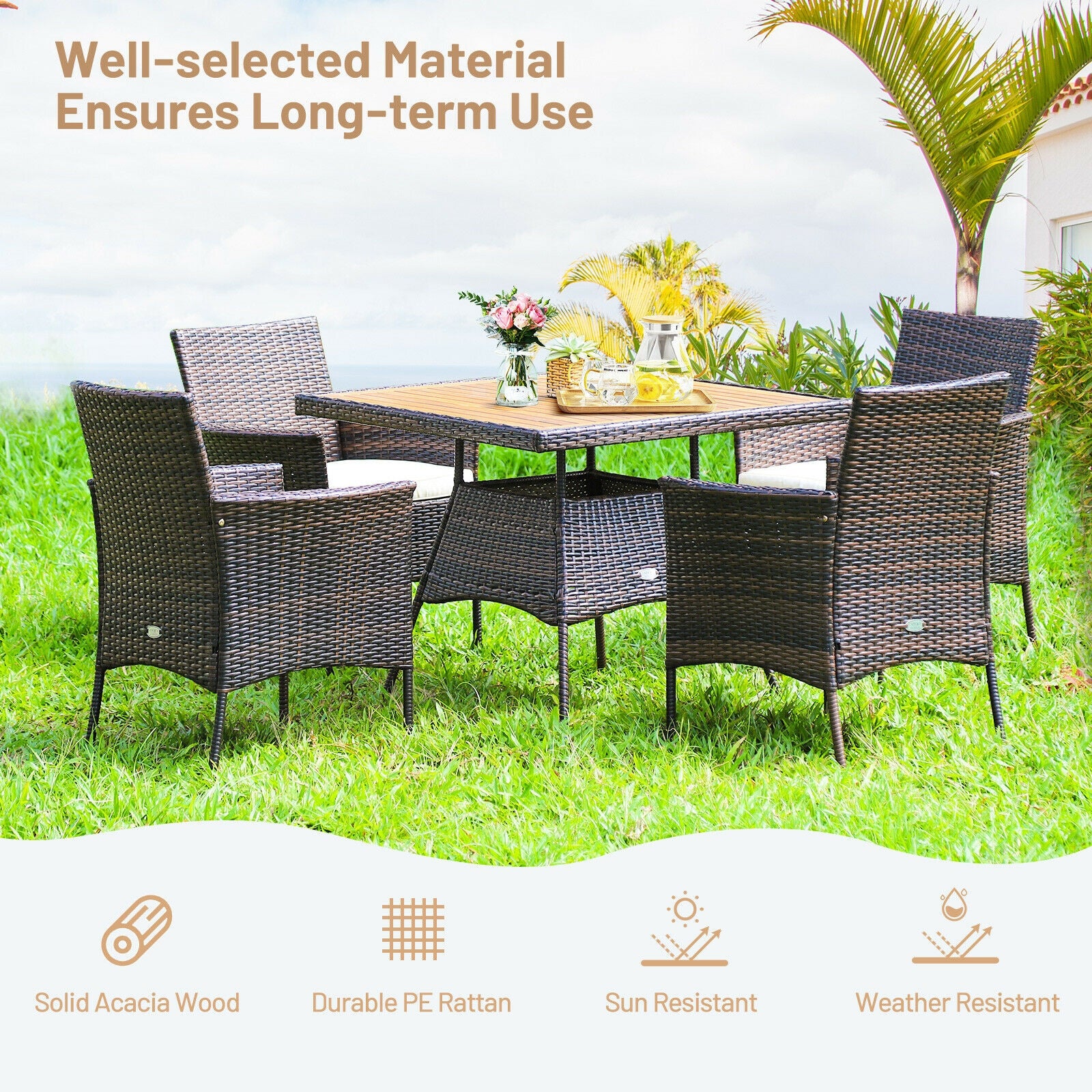 5 Pieces Wicker Patio Dining Set With 4 Armrest Chairs And Table