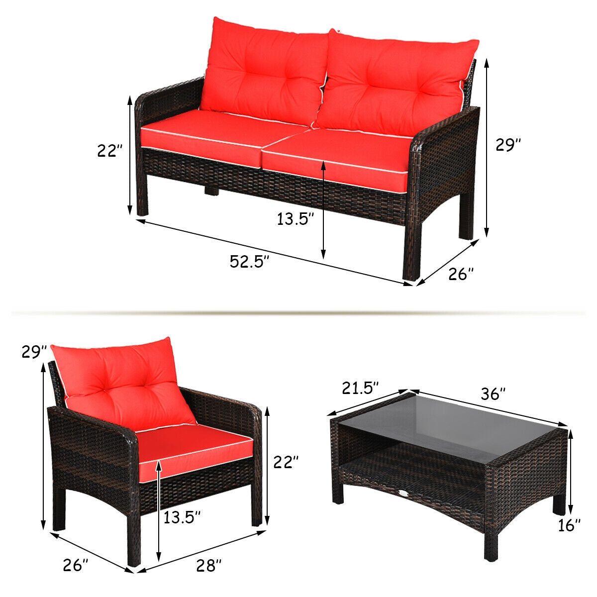 4 Pcs Outdoor Rattan Wicker Loveseat Furniture Set with Cushions