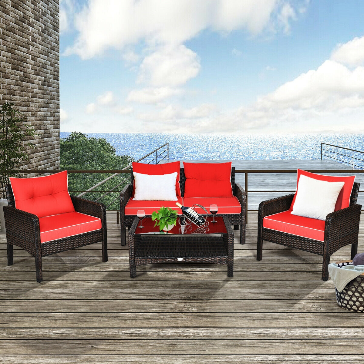 4 Pcs Outdoor Rattan Wicker Loveseat Furniture Set with Cushions