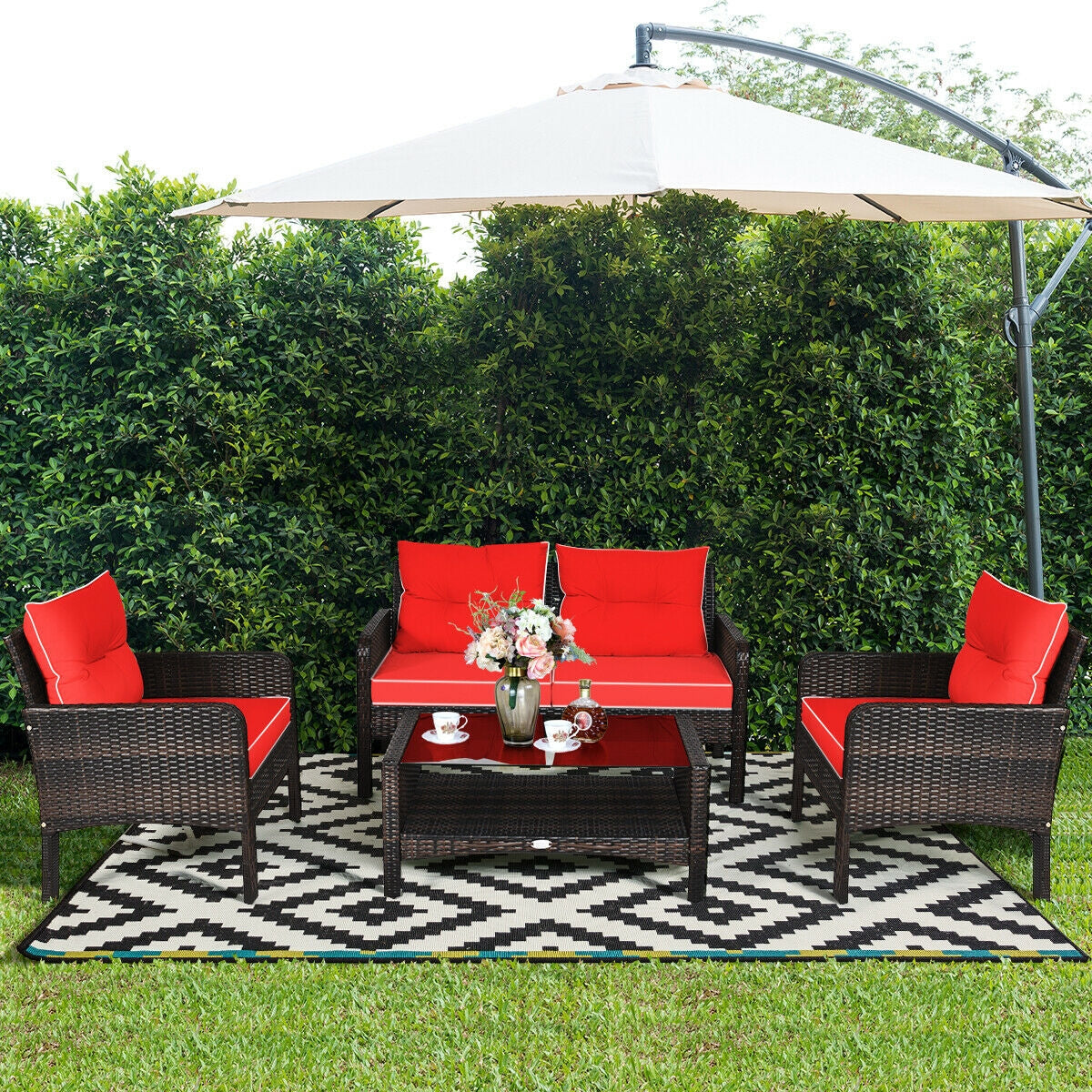 4 Pcs Outdoor Rattan Wicker Loveseat Furniture Set with Cushions