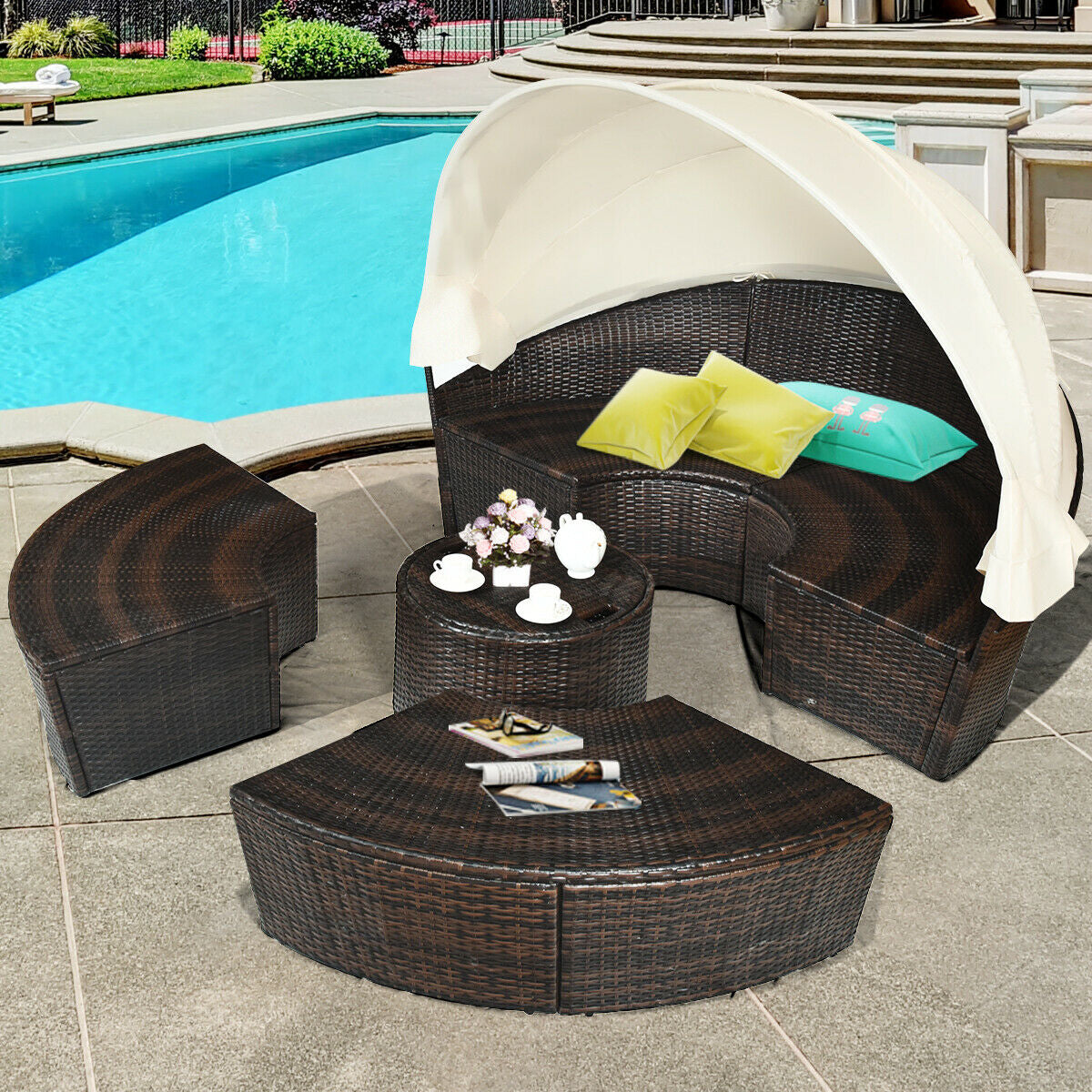 Patio Round Rattan Daybed with Retractable Coffee Table and Canopy