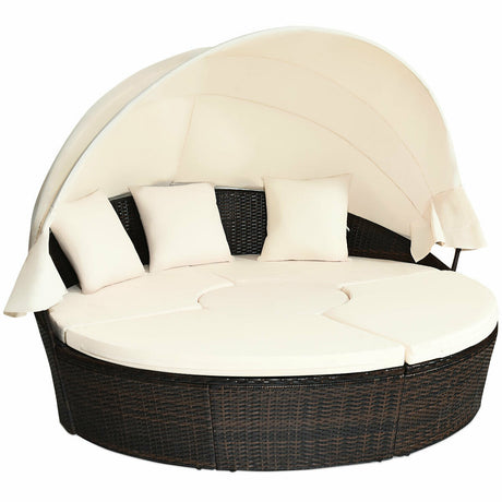 Patio Round Rattan Daybed with Retractable Coffee Table and Canopy