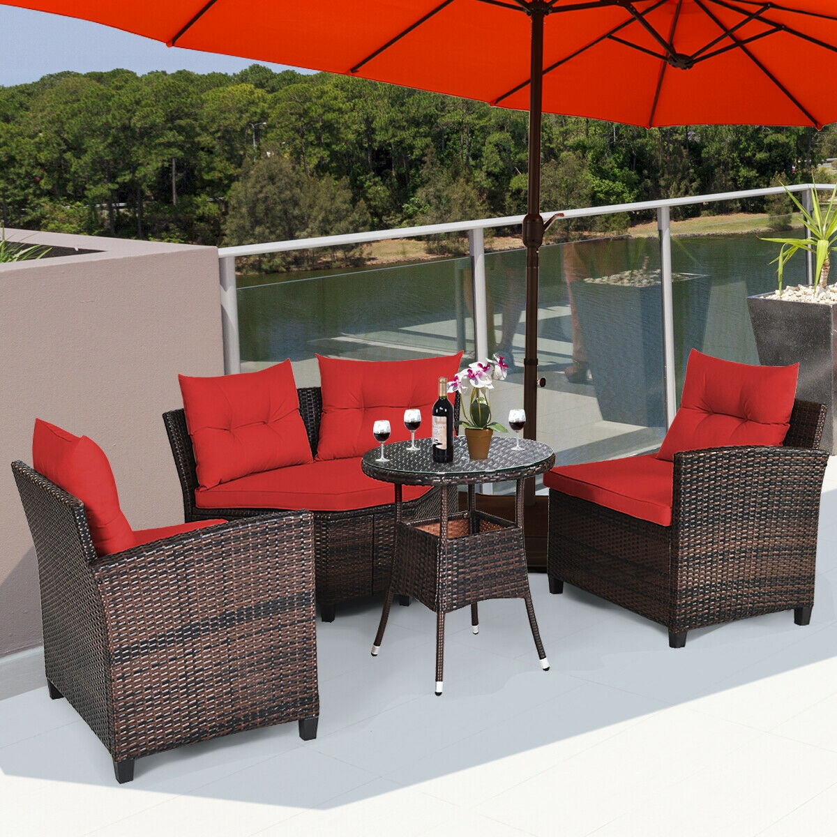 4 Pcs Outdoor Cushioned Rattan Furniture Set