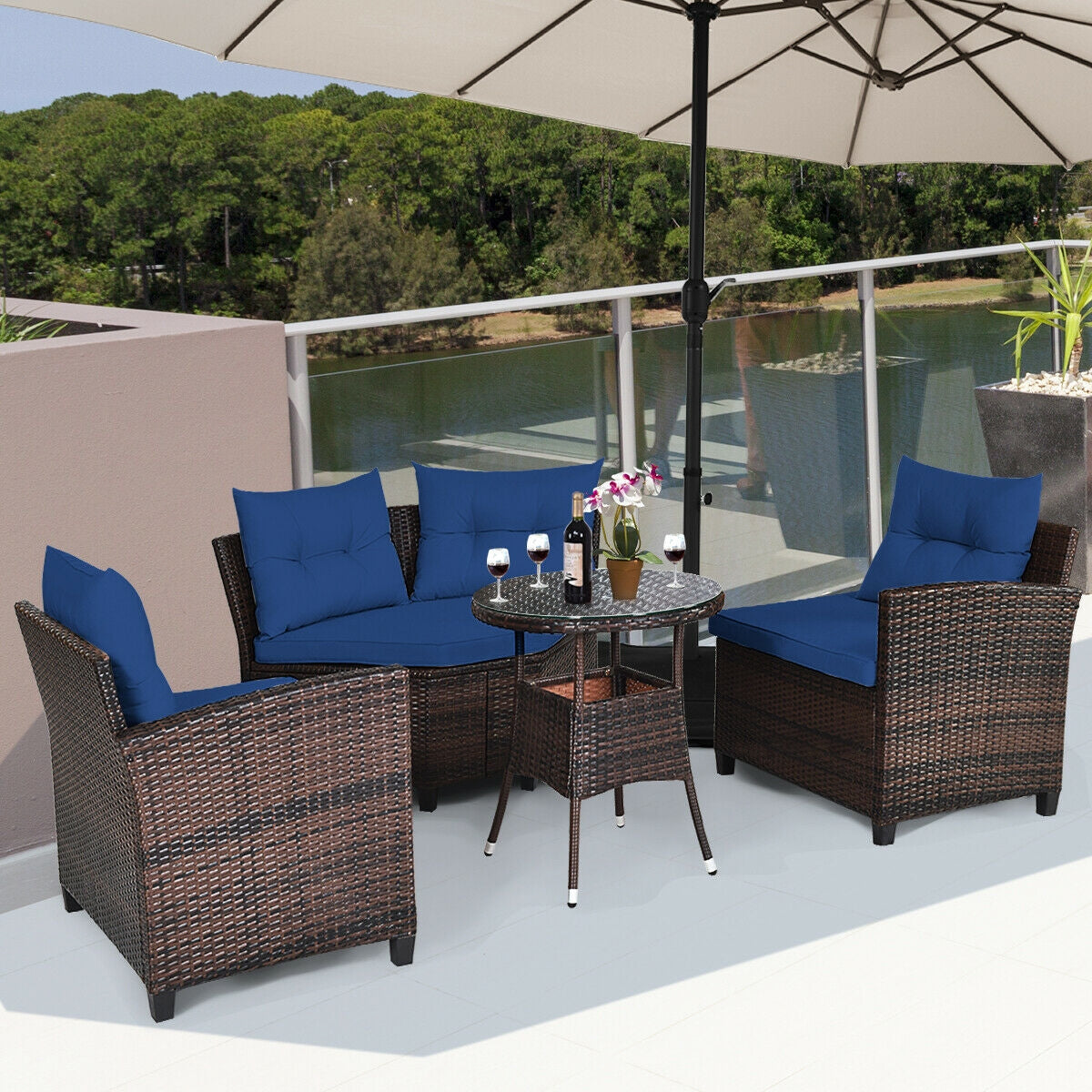 4 Pcs Outdoor Cushioned Rattan Furniture Set