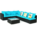 7-Piece Outdoor Sectional Wicker Patio Sofa Set with Tempered Glass Top
