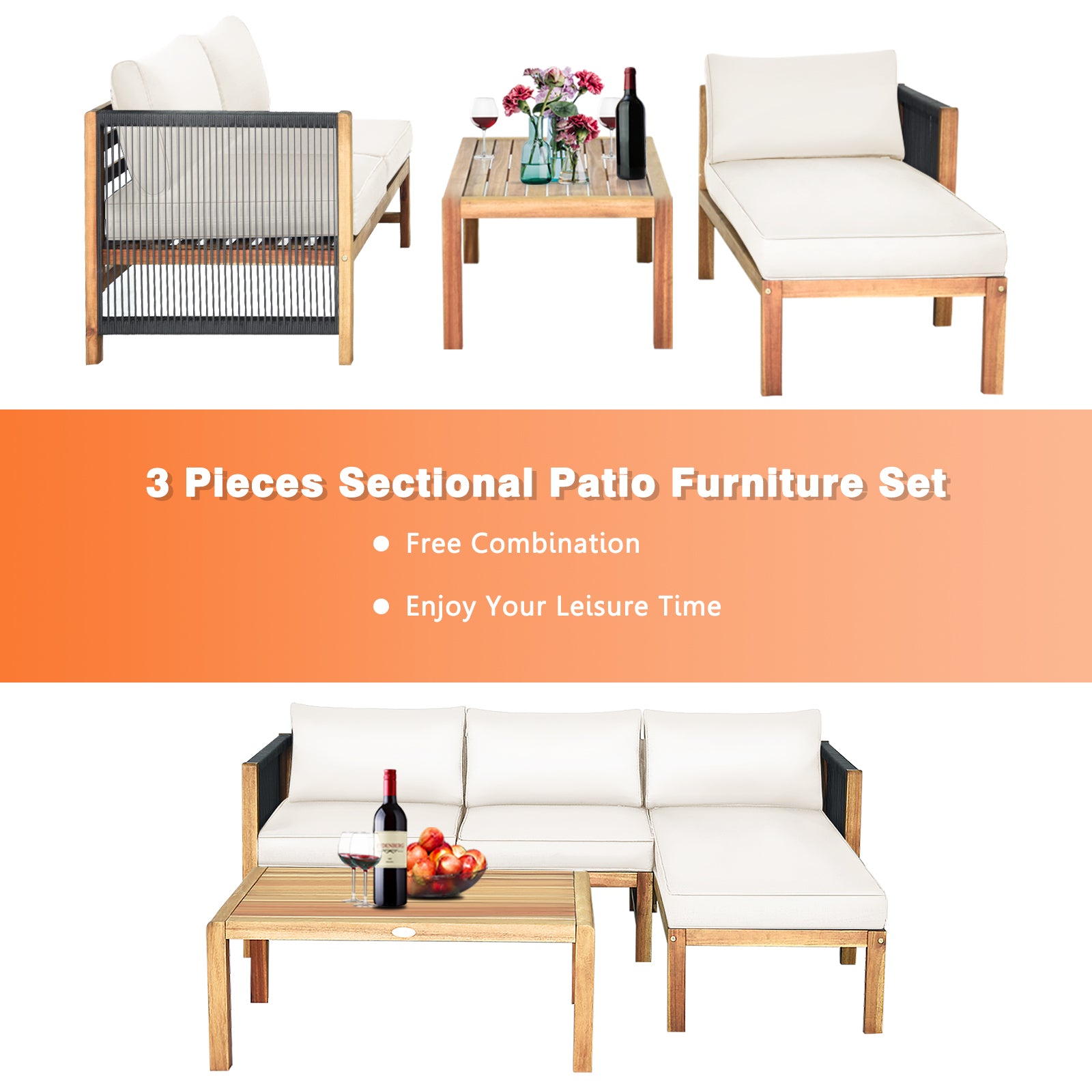3 Pieces Patio Acacia Wood Sofa Furniture Set with Nylon Rope Armrest