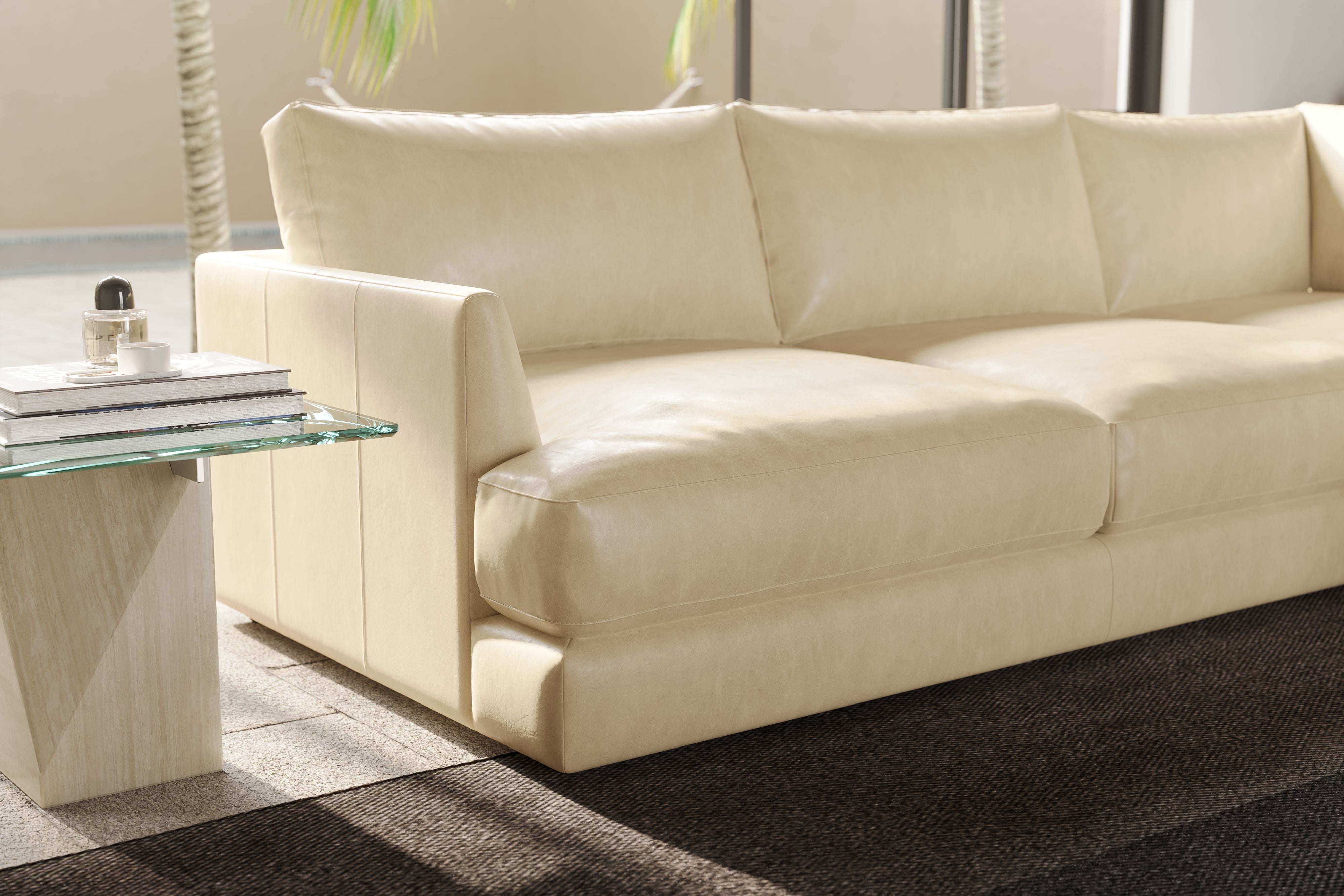 Valencia Serena Leather Three Seats with Right Chaise Sectional Sofa, Beige