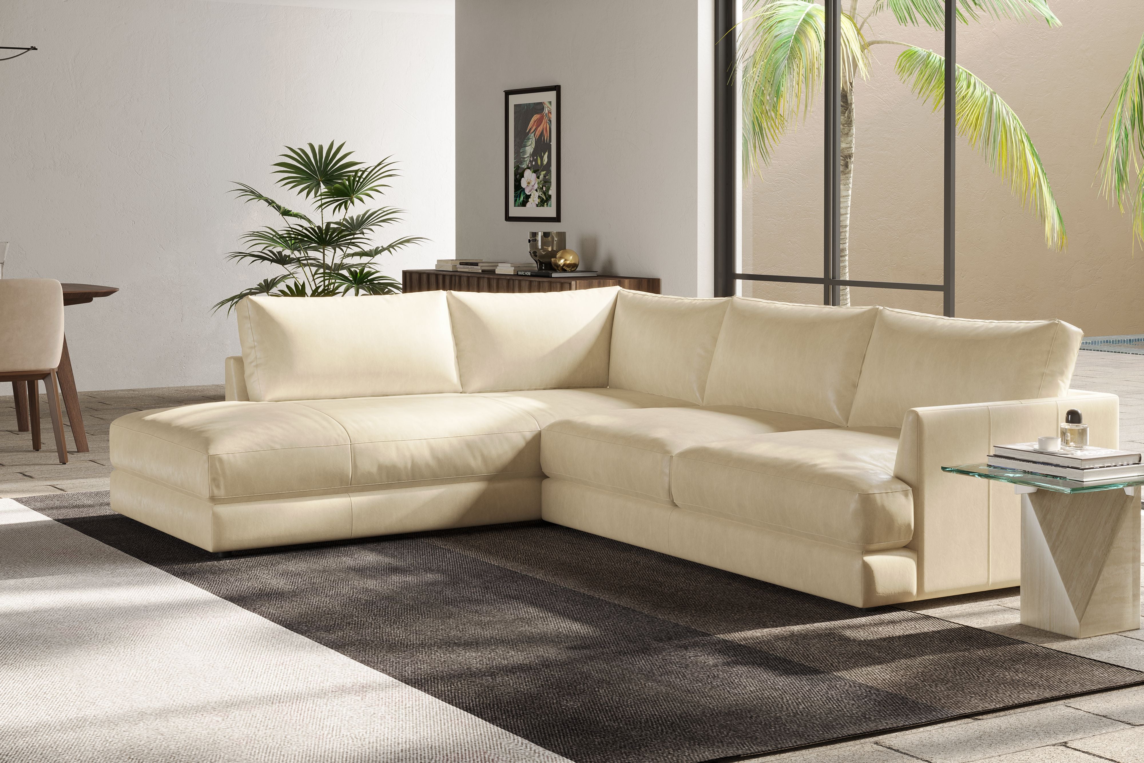 Valencia Serena Leather 2-Piece Left Bumper Chaise Sectional Sofa, Beige