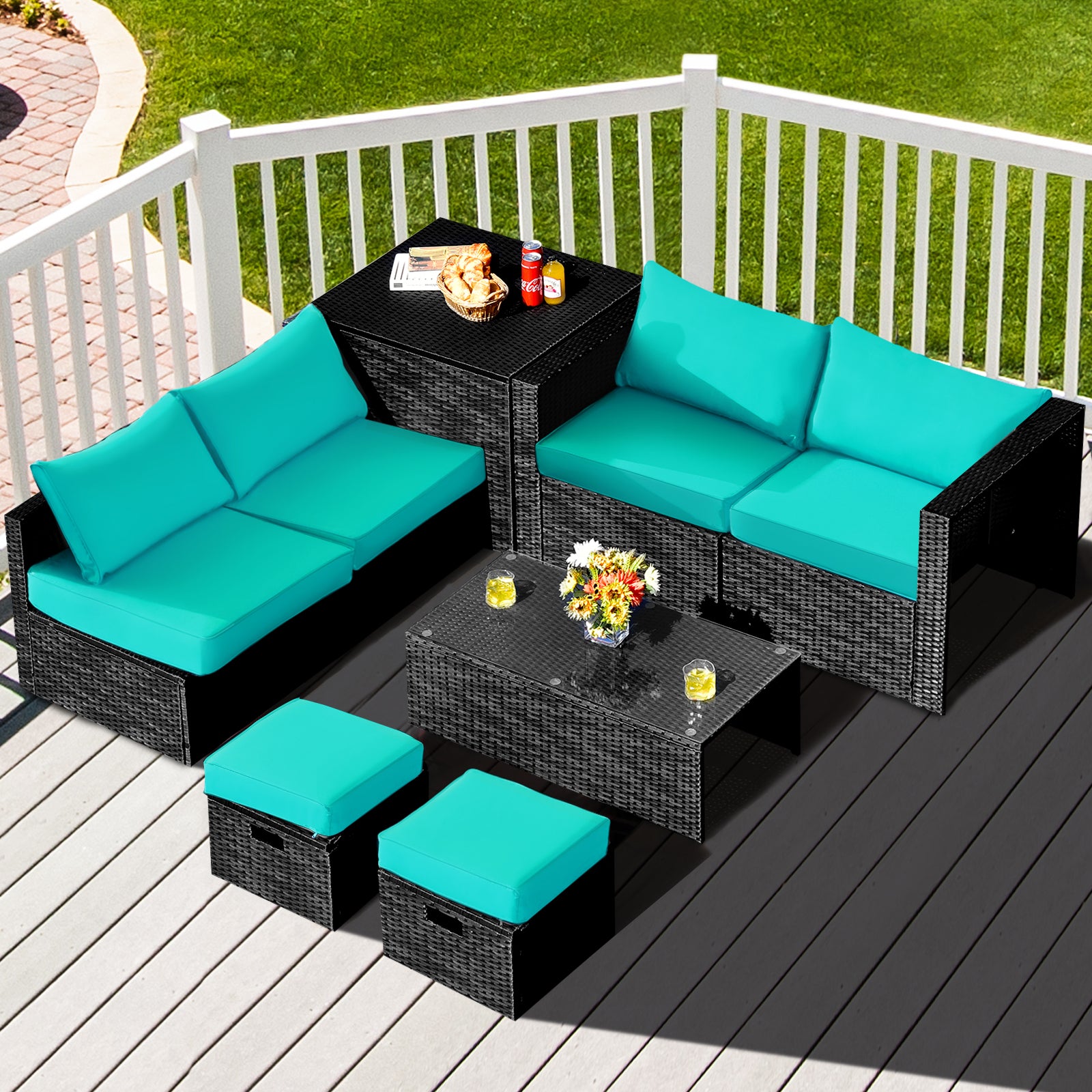 8 Pieces Patio Rattan Storage Table Furniture Set
