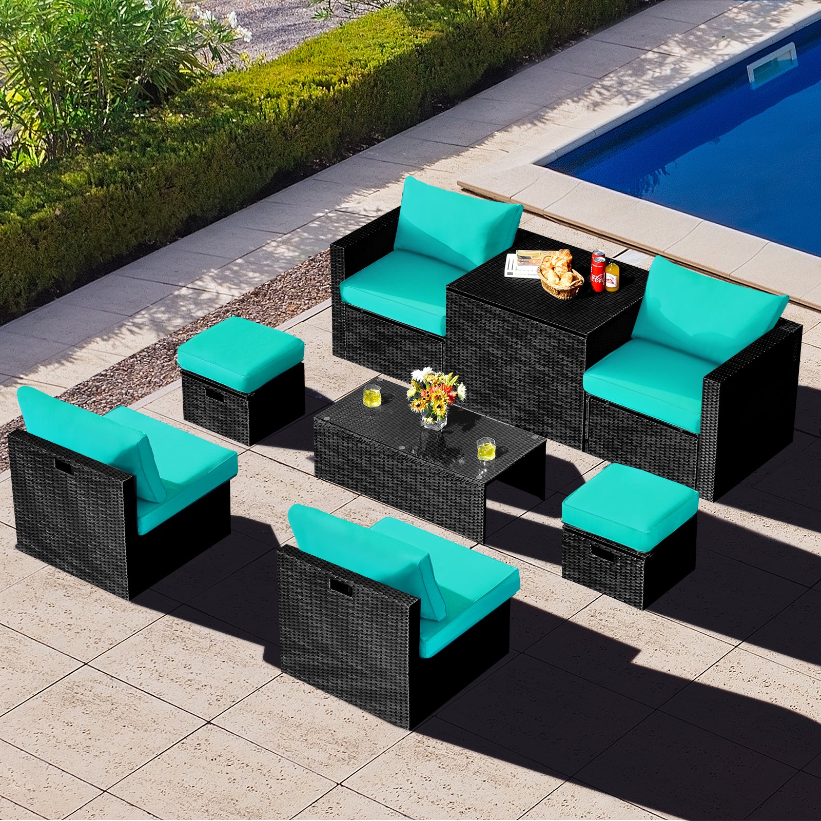 8 Pieces Patio Rattan Storage Table Furniture Set