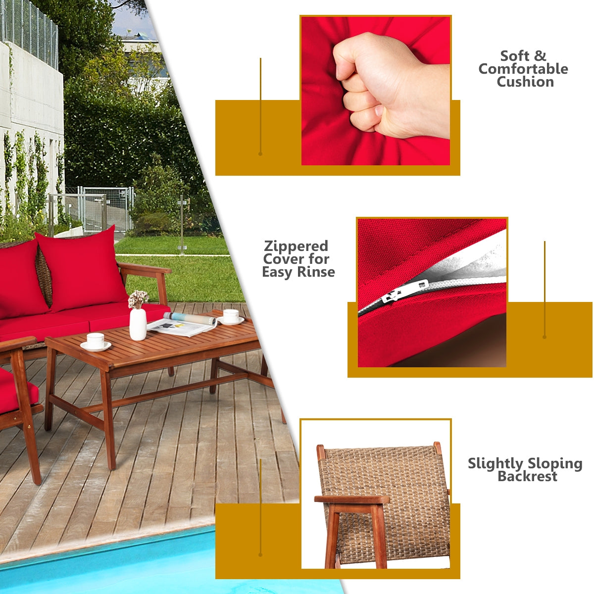 4 Piece  Acacia Wood Patio Rattan Furniture Set