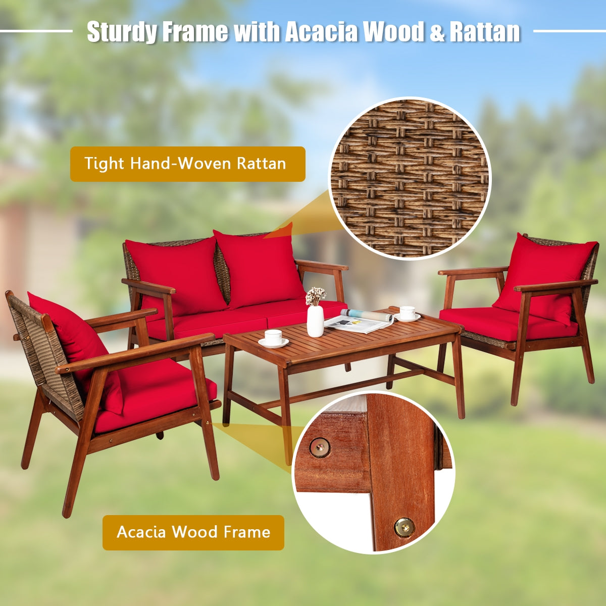 4 Piece  Acacia Wood Patio Rattan Furniture Set