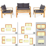 4 Pieces Patio Acacia Wood Thick Cushion Loveseat Sofa Set