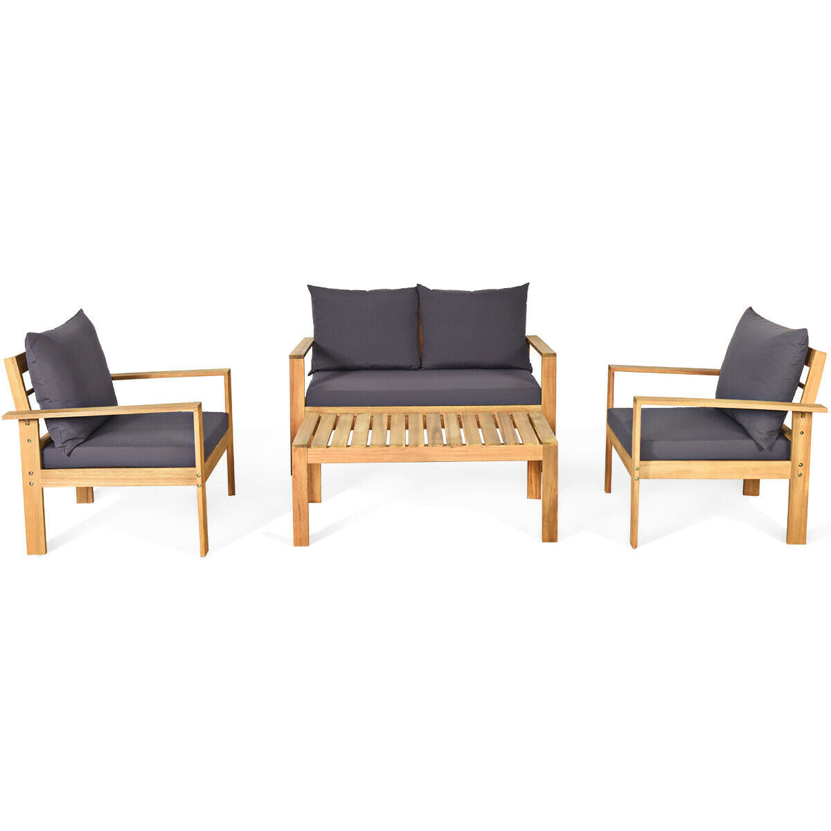 4 Pieces Patio Acacia Wood Thick Cushion Loveseat Sofa Set