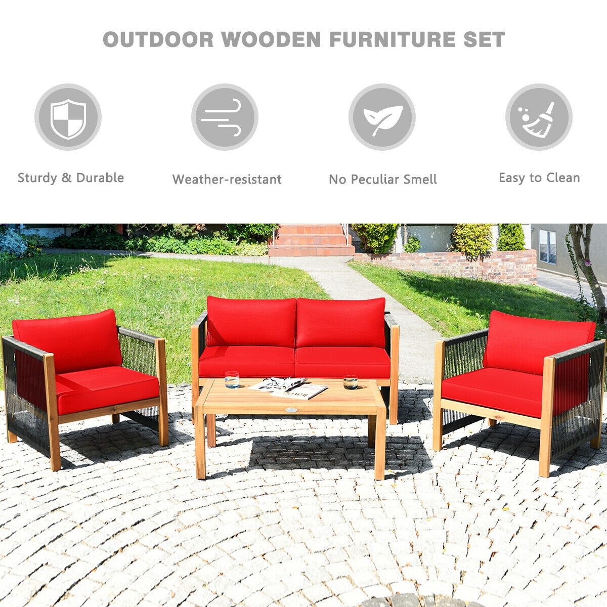 4 Pieces Acacia Wood Outdoor Patio Furniture Set
