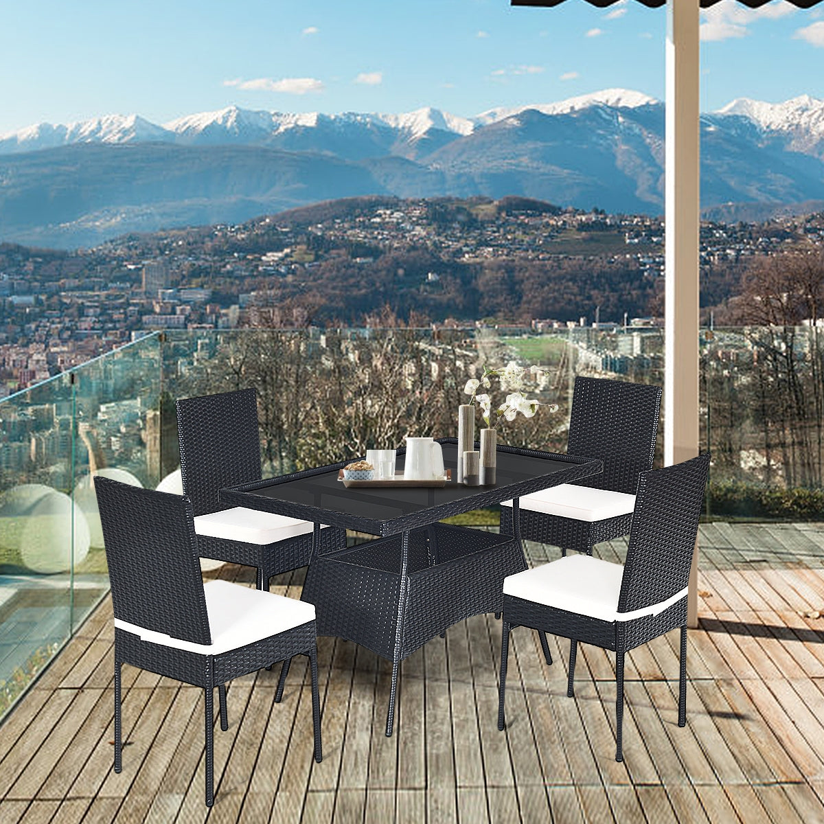 5 Pieces Rattan Dining Set with Glass Table and High Back Chair