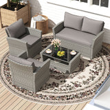 4 Pieces Patio Rattan Furniture Set Sofa Table with Storage Shelf Cushion