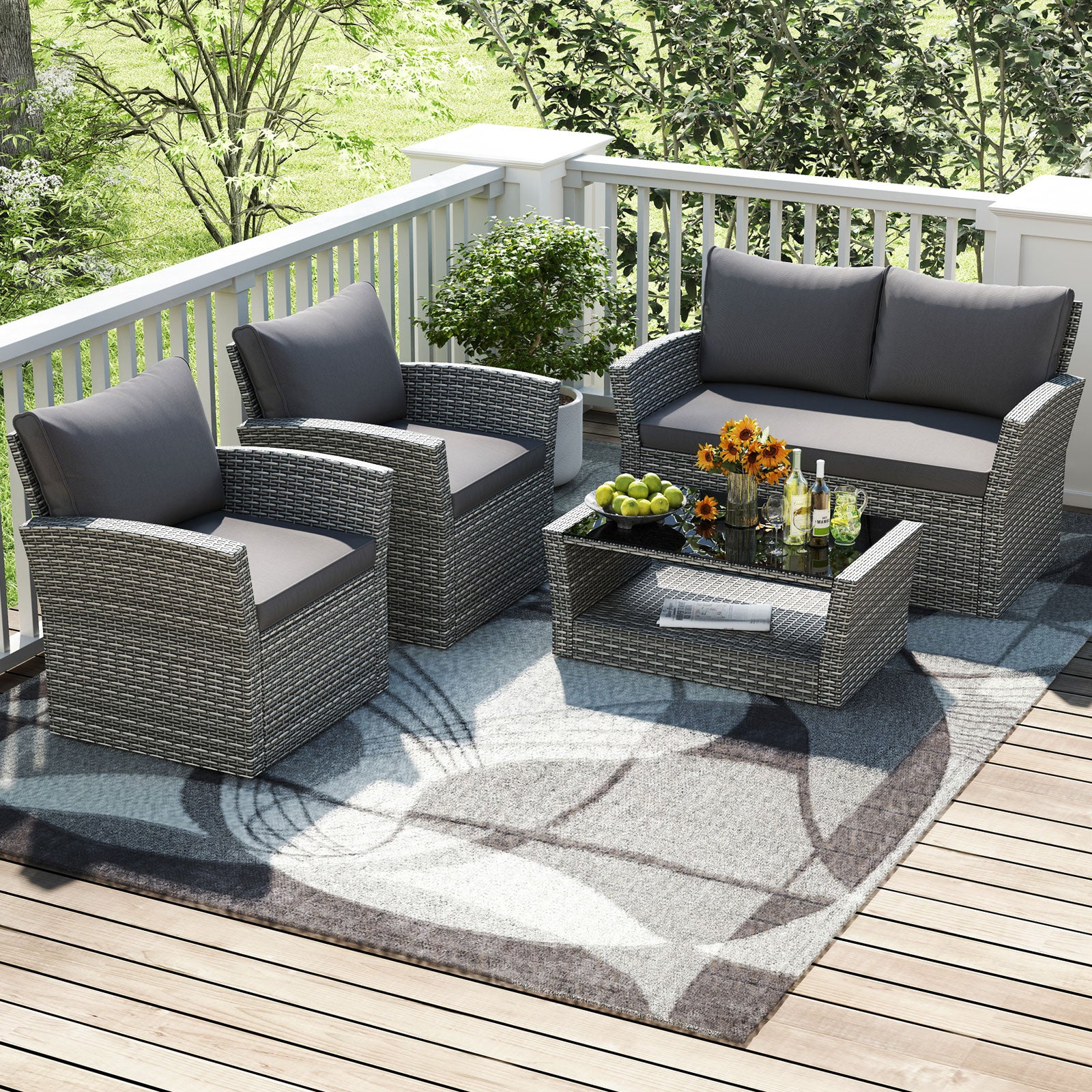 4 Pieces Patio Rattan Furniture Set Sofa Table with Storage Shelf Cushion