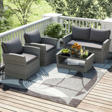 4 Pieces Patio Rattan Furniture Set Sofa Table with Storage Shelf Cushion