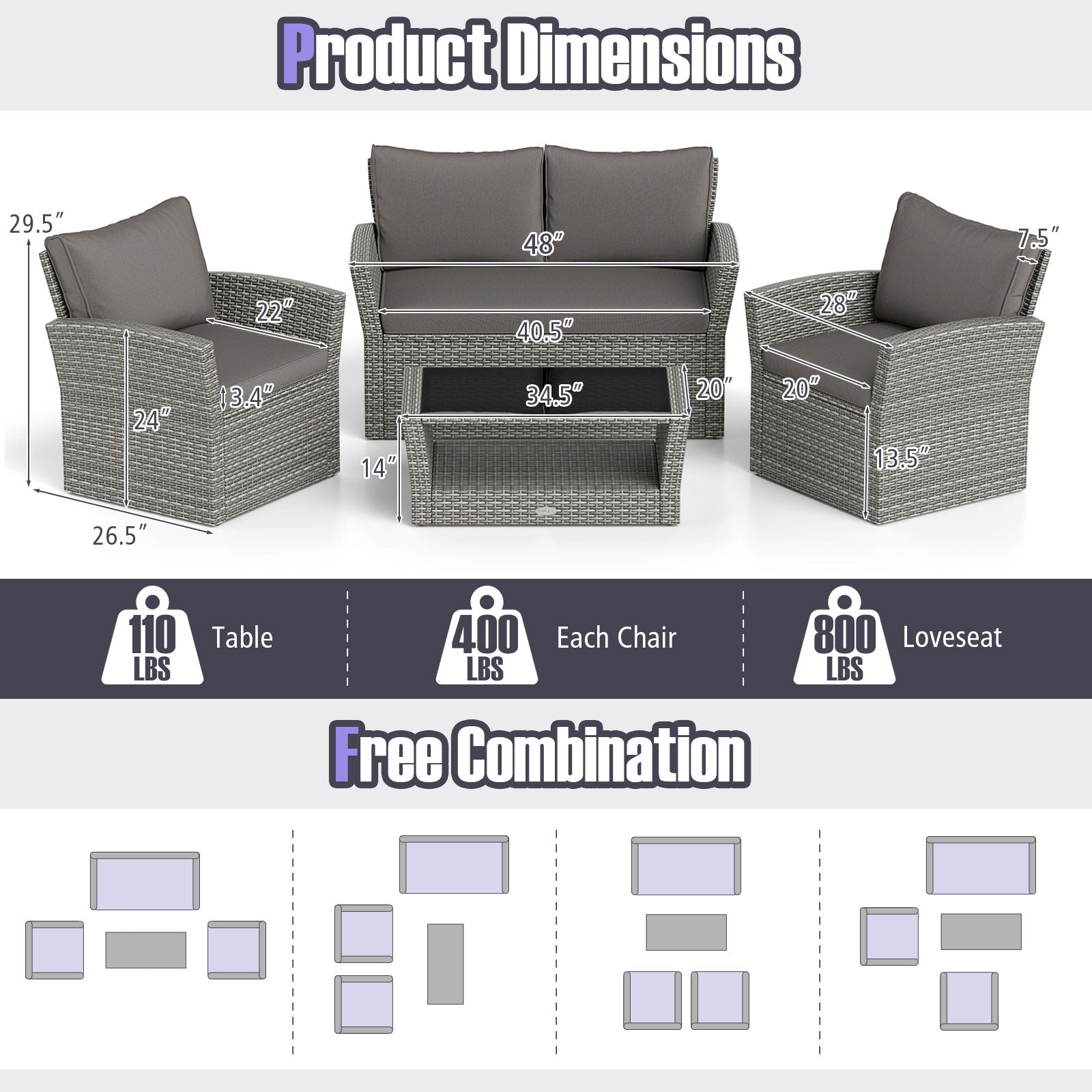 4 Pieces Patio Rattan Furniture Set Sofa Table with Storage Shelf Cushion