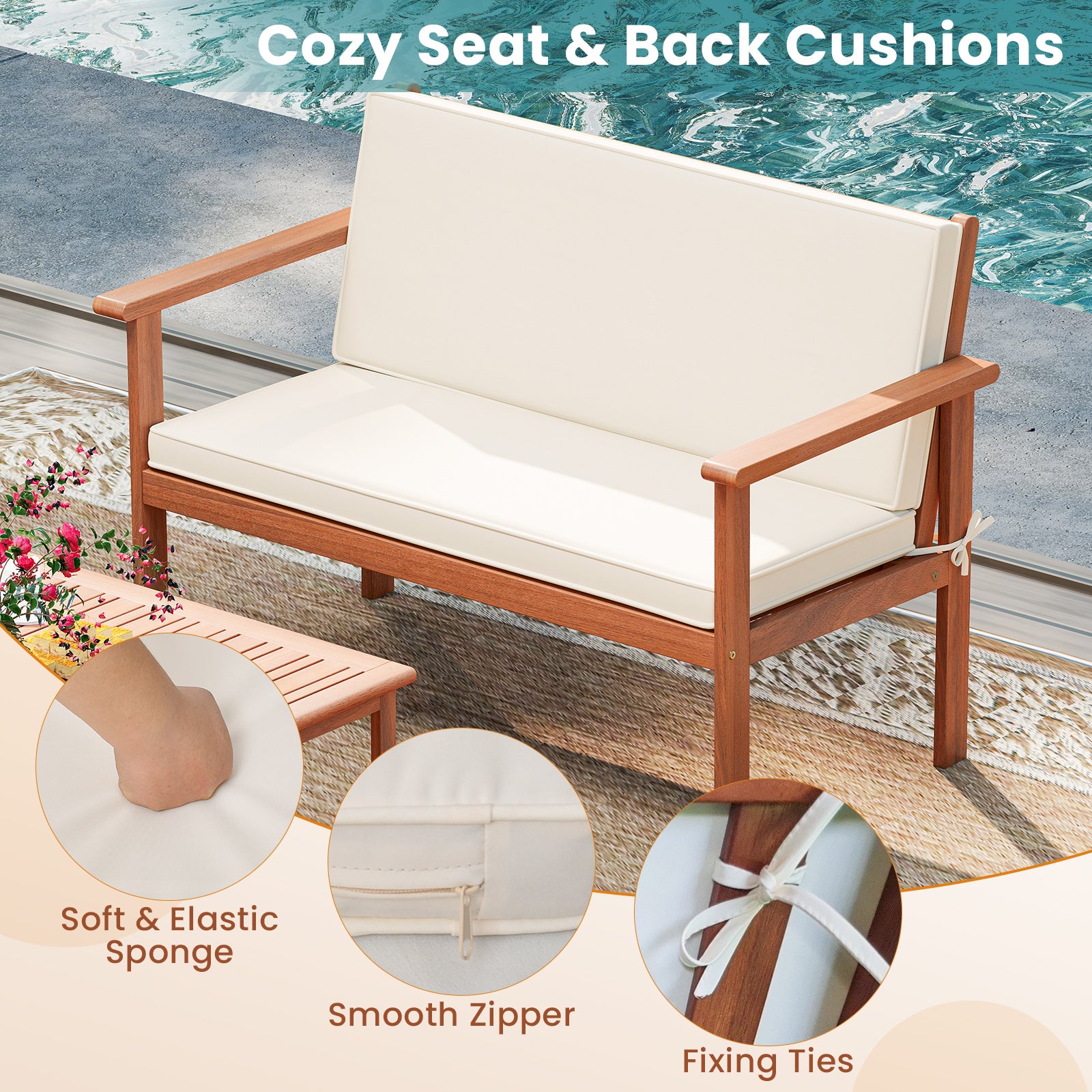 4 Pieces Patio Furniture Set Acacia Wood Porch Chairs with Table