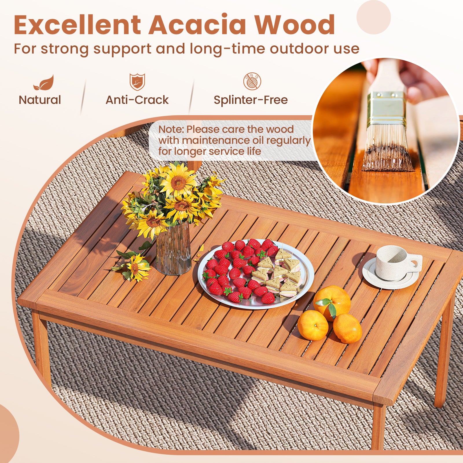 4 Pieces Patio Furniture Set Acacia Wood Porch Chairs with Table
