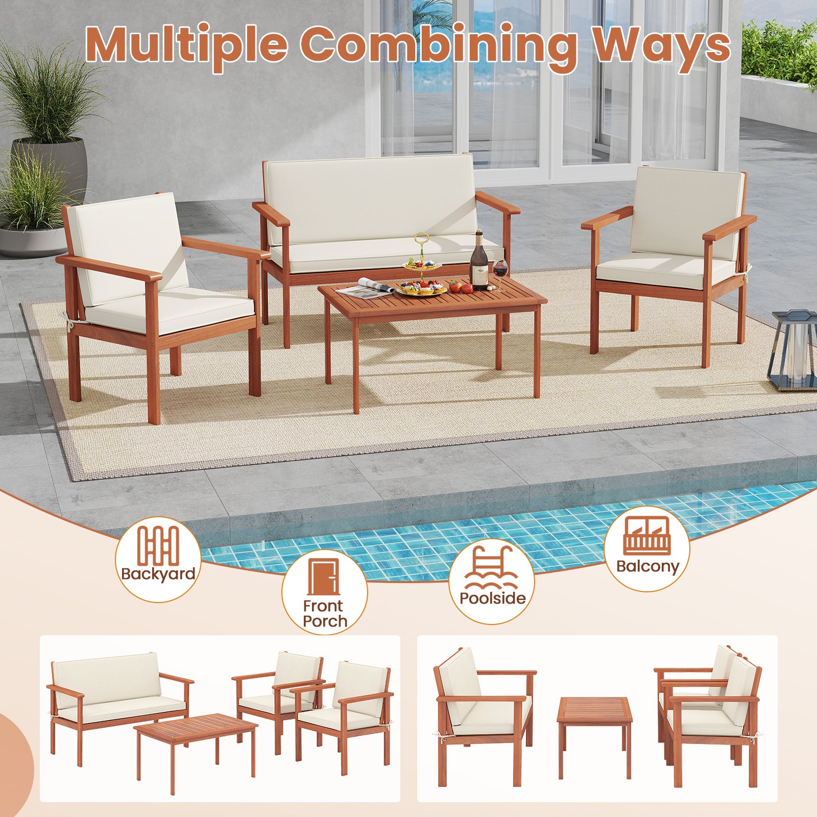 4 Pieces Patio Furniture Set Acacia Wood Porch Chairs with Table