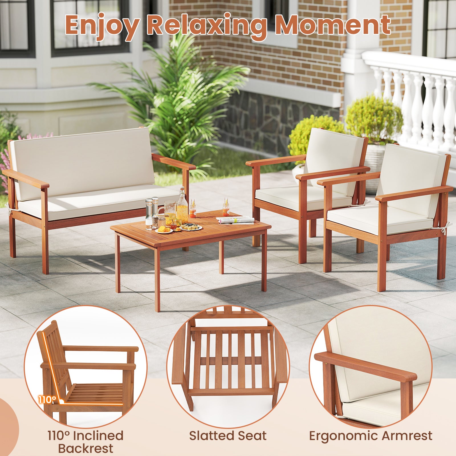 4 Pieces Patio Furniture Set Acacia Wood Porch Chairs with Table
