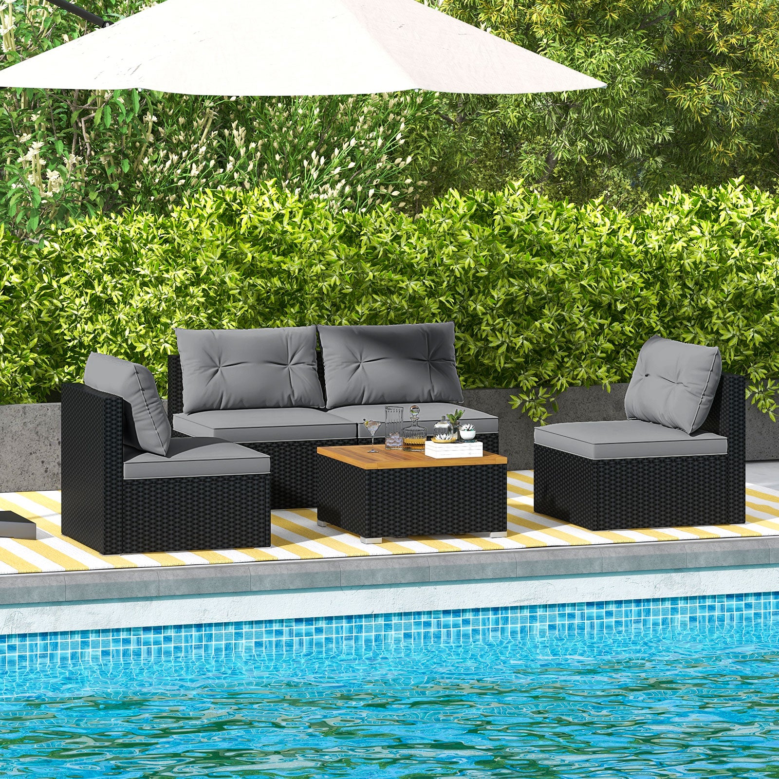 5 Piece Outdoor Furniture Set with Solid Tabletop and Soft Cushions