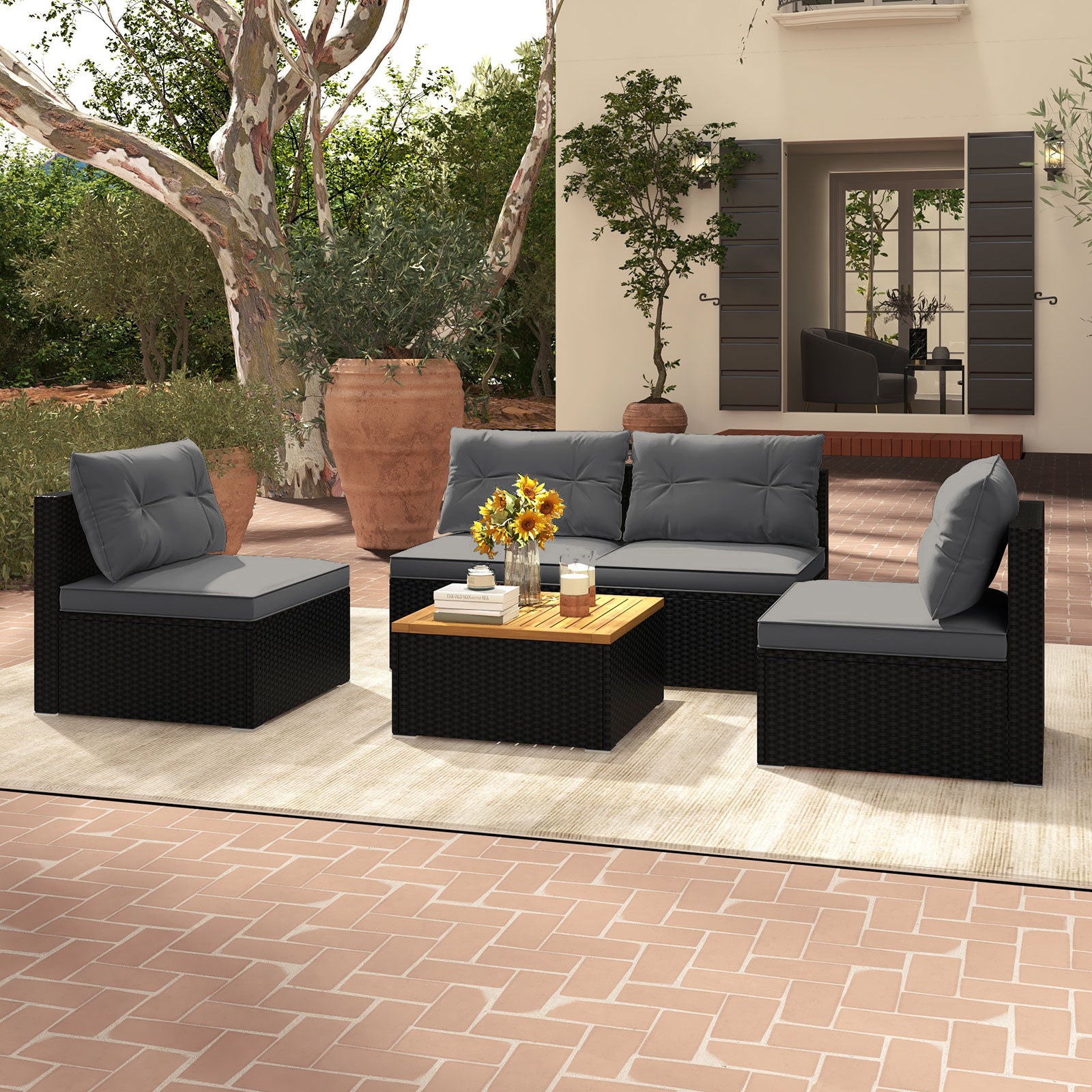 5 Piece Outdoor Furniture Set with Solid Tabletop and Soft Cushions