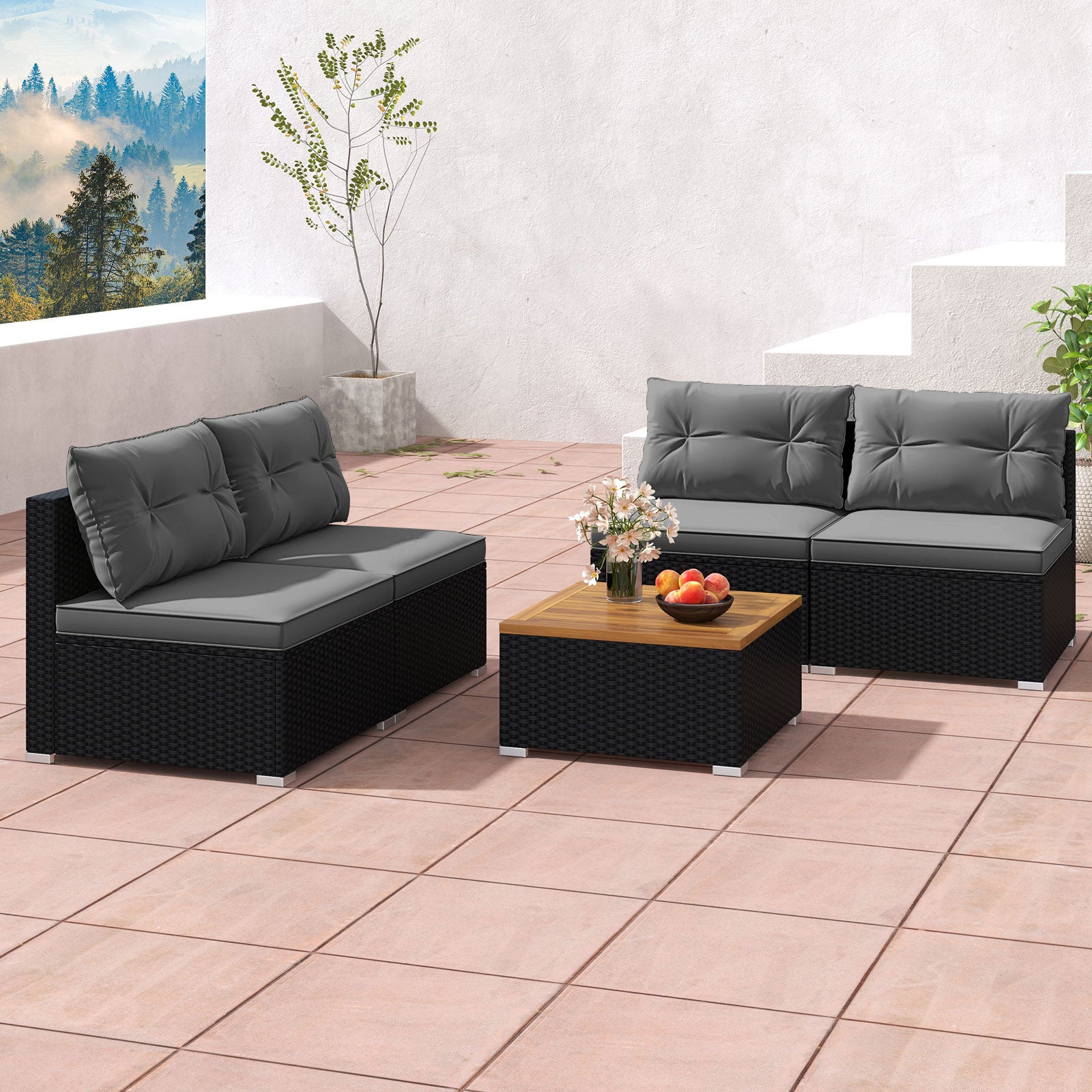 5 Piece Outdoor Furniture Set with Solid Tabletop and Soft Cushions