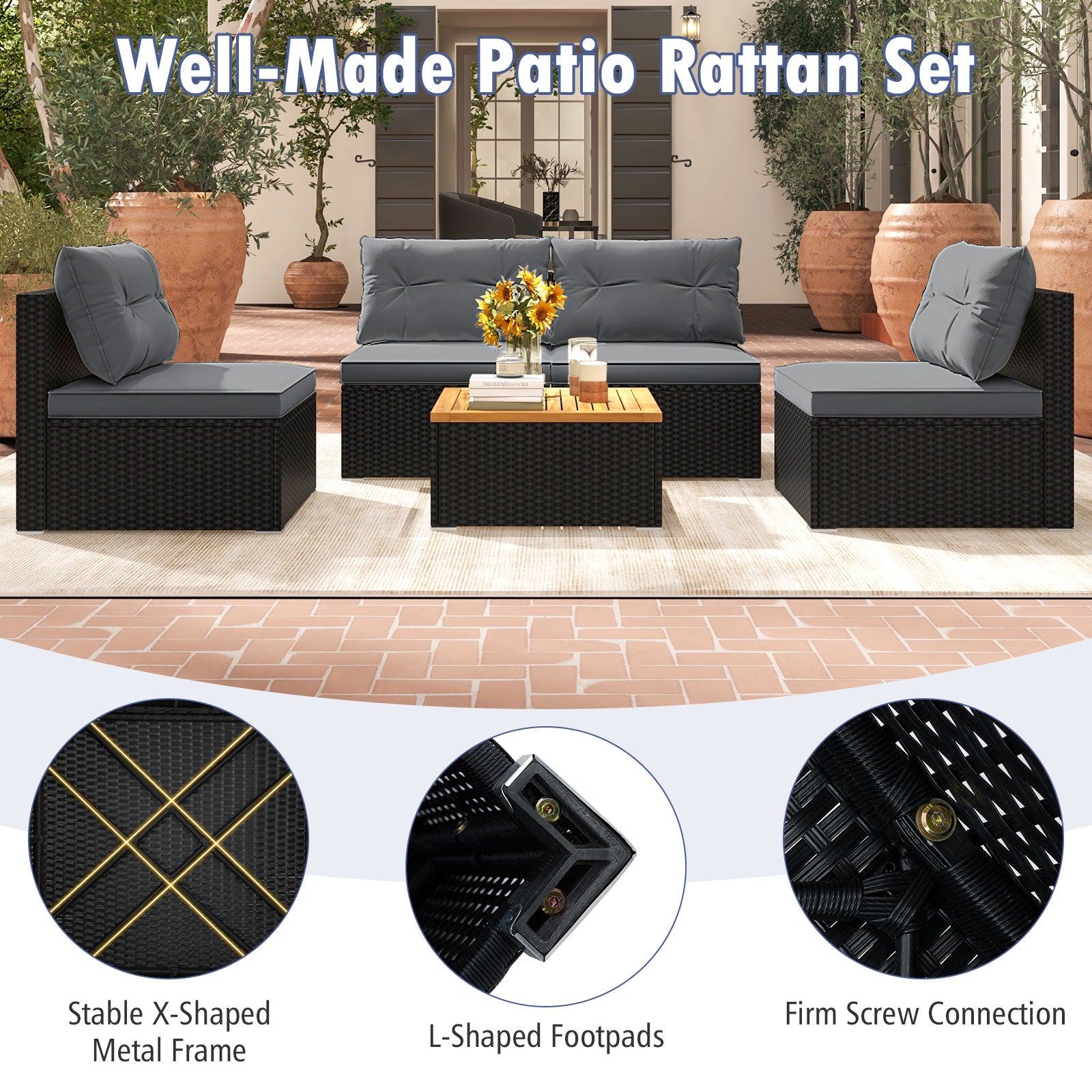 5 Piece Outdoor Furniture Set with Solid Tabletop and Soft Cushions