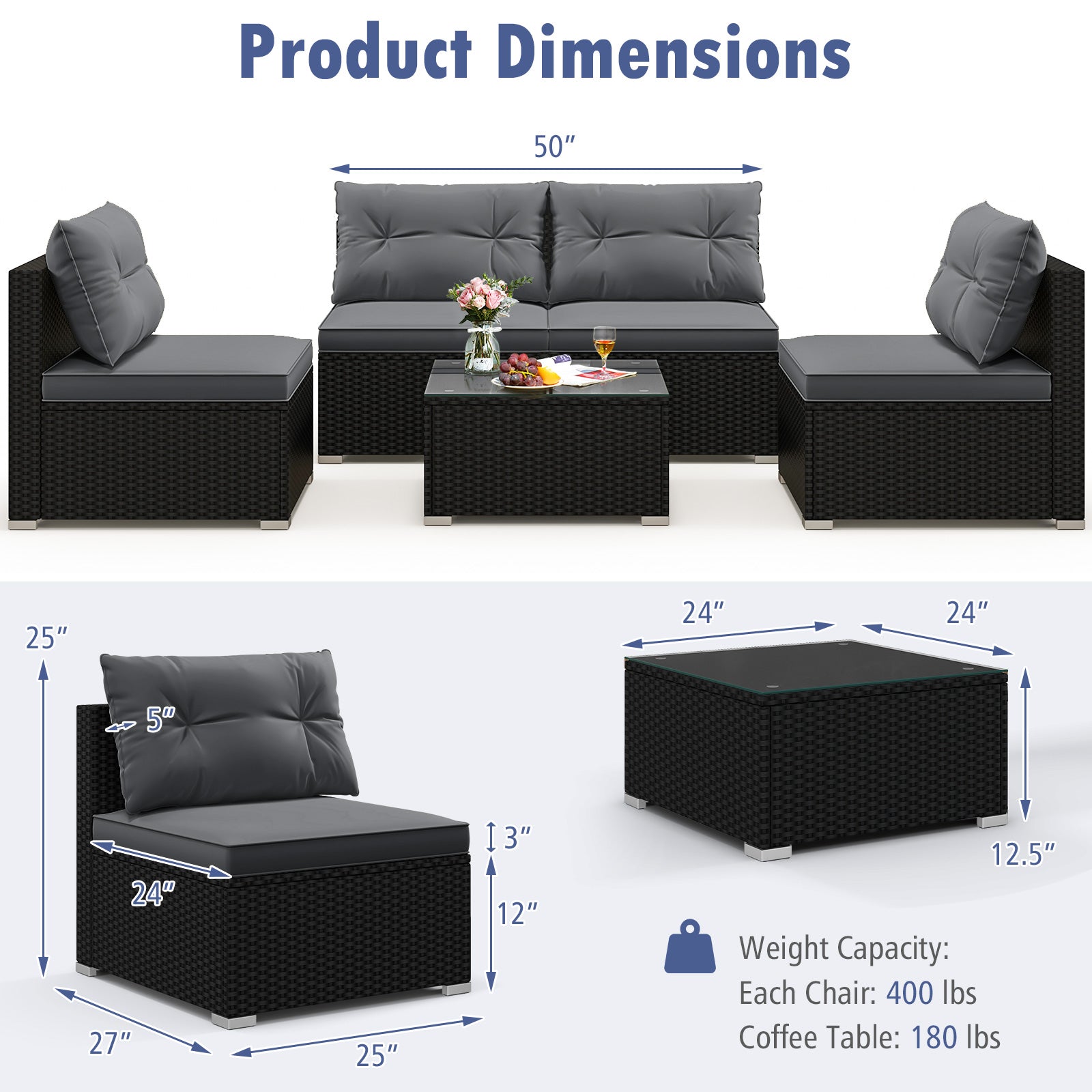 5-Piece Outdoor Patio Furniture Set with Cushions and Coffee Table